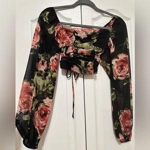 Black Floral Croptop with laced back